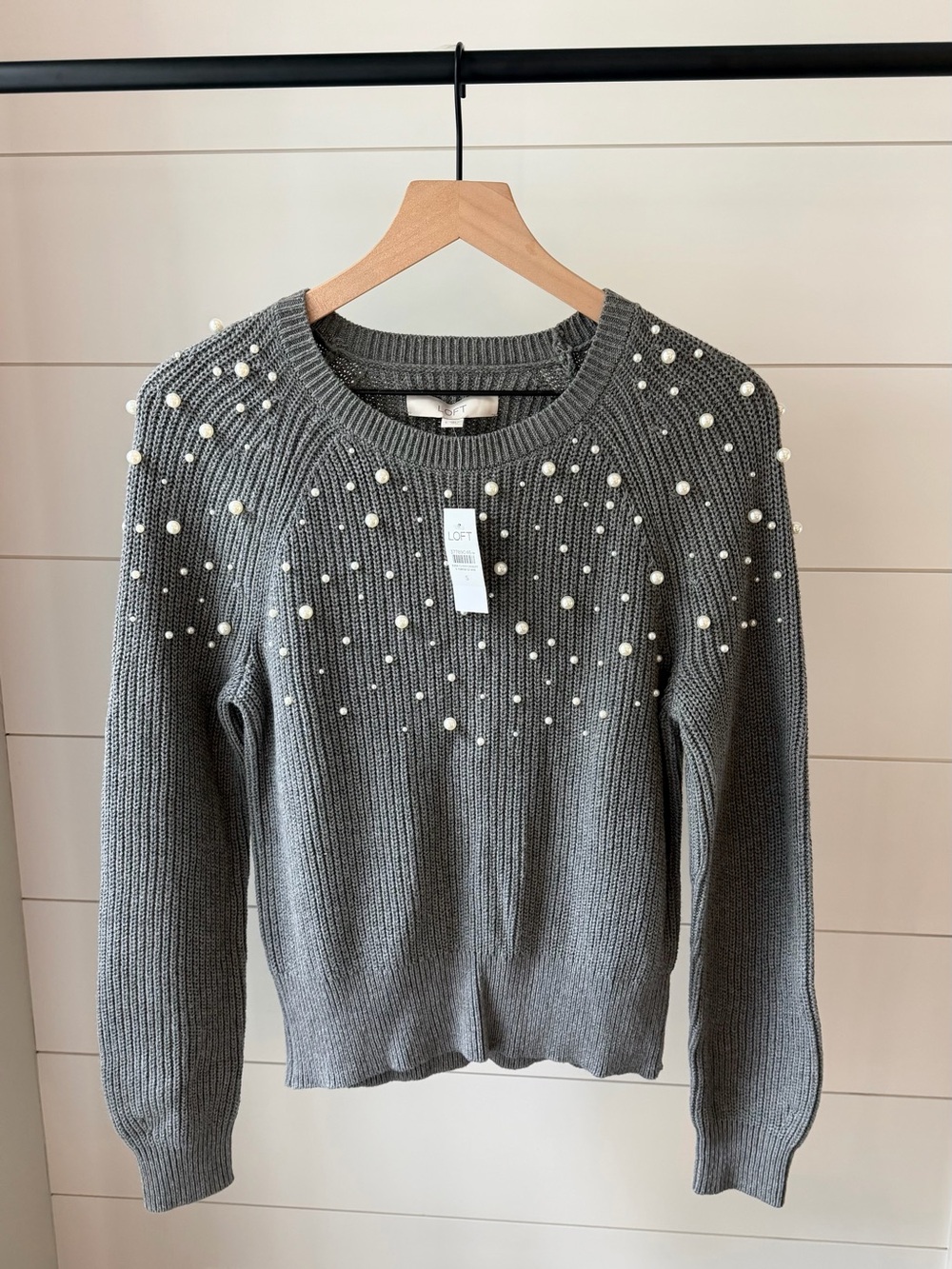 LOFT Gray Pearl-Accent Crewneck Sweater